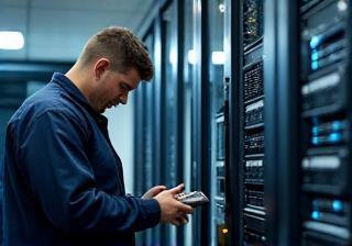 Onderhoudstechnicus bij server rack